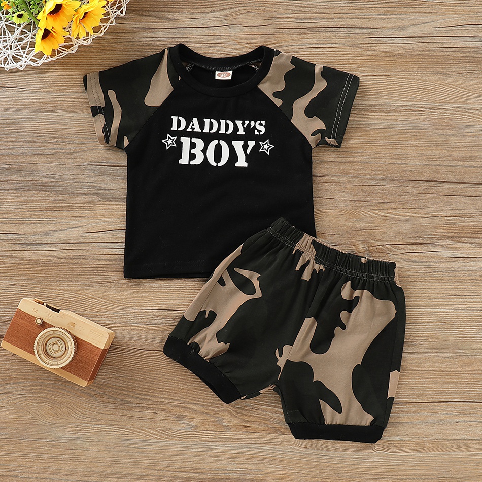 2-piece Baby / Toddler Boy Letter Print Camouflage Tee and Shorts Set